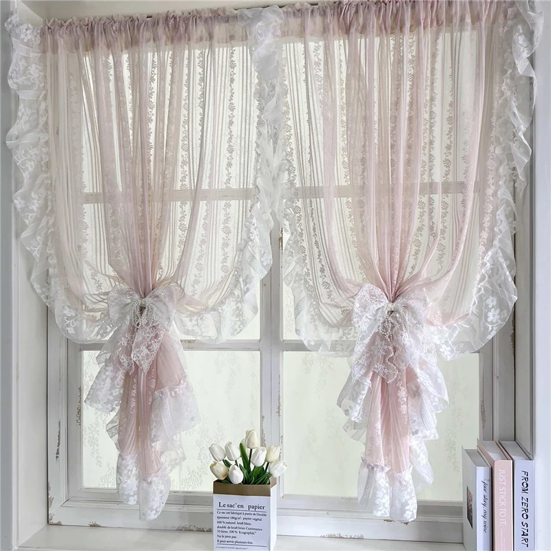 Korean Romantic Pink Striped Flower Lace Sheer Curtain with White Ruffled Lace Rod Pocket For Living Room Bedroom Kitchen