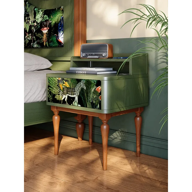Medieval solid wood bedside table Master bedroom French retro bedside storage cabinet