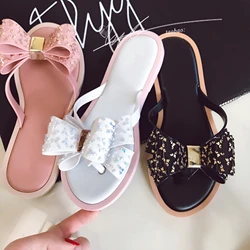 Women's slippers 2024 New Summer Herringbone Slippers Indoor Outdoor Bow Knot Beach Shoes Ladies Soft Sole Beach Sandals