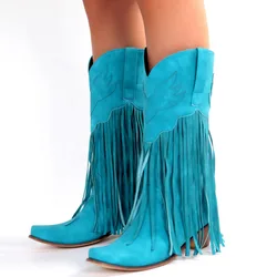 2024 Cowboy Boots Fashion Tassel Women Shoes Chunky Heels Pointed Toe Green Red Western Boots Slip On Shoes Female