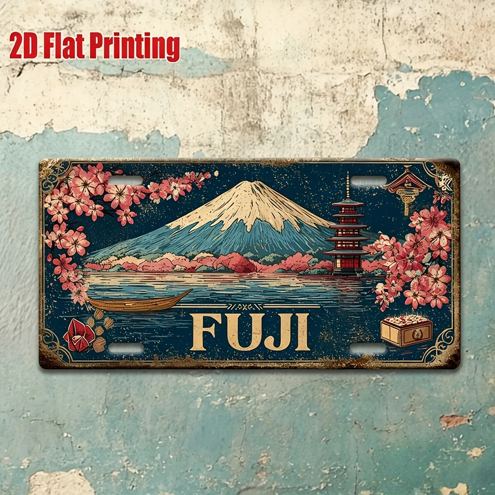 2D Flat, 1pc 2D Flat Poster - [2D Flat] 1 Vintage Z License Plate | Mount Fuji Sign with Mount Fuji, Pagoda, And Cherry Blossom