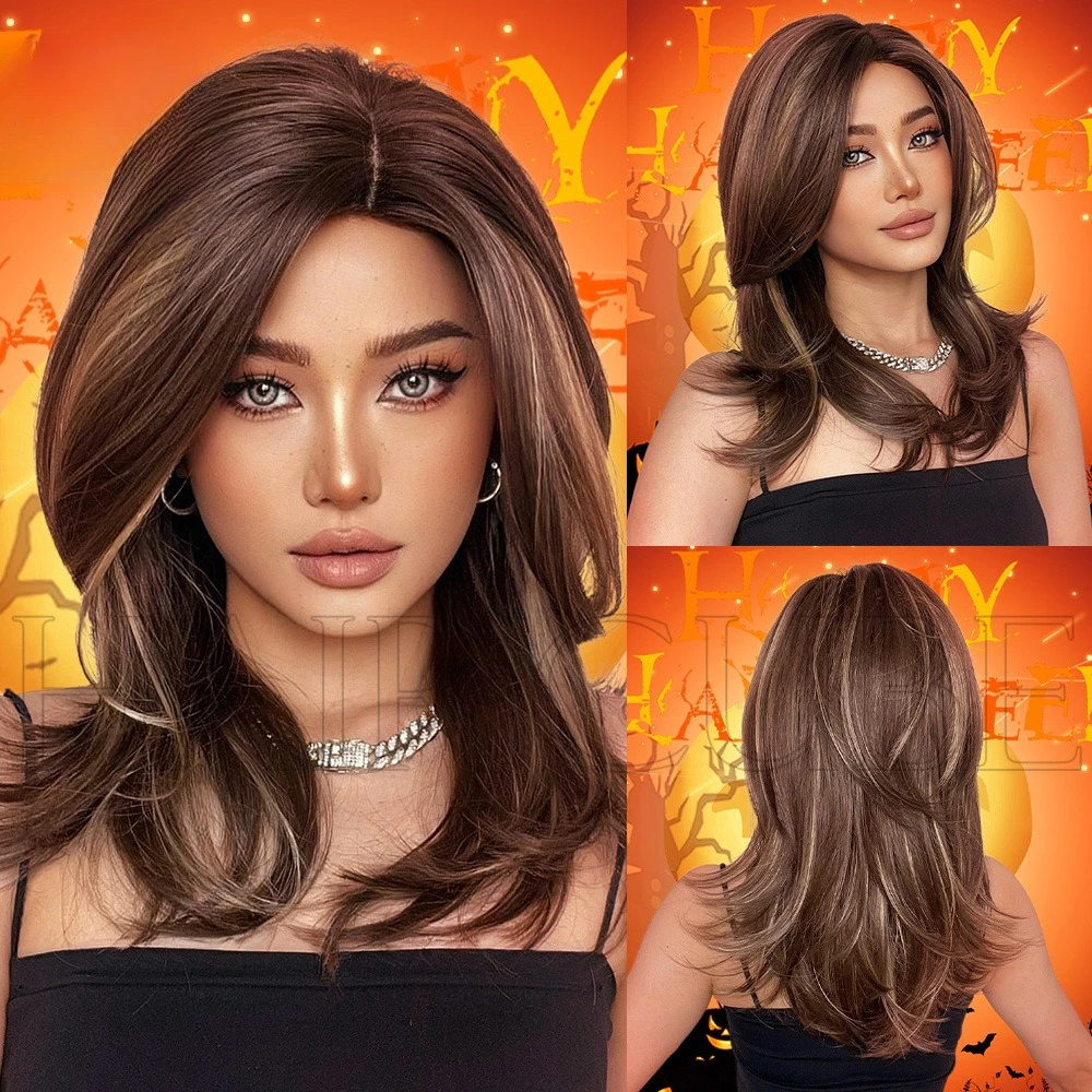 

Парик с восемью челками, постепенная смена, коричневые плечи, прямые волосы, женский натуральный парик с полной головой