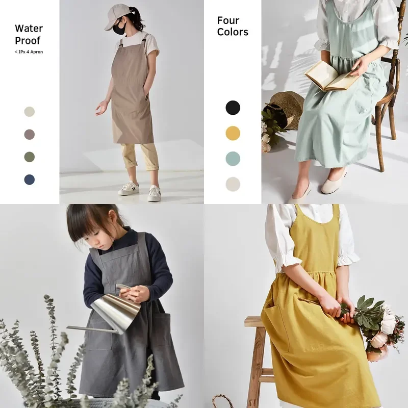 Cotton Linen Solid Color Apron for Pastoral Home Gardening Coffee Kitchen Use Waterproof Wear-Resistant Breathable