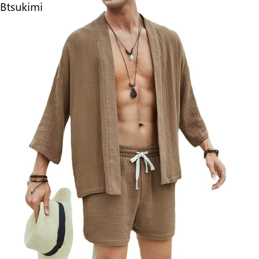 Summer Fashion New Men's Clothing Two Piece Sets Vintage Casual Cardigans and Shorts Male Solid Loose Leisure Vacation Outfits