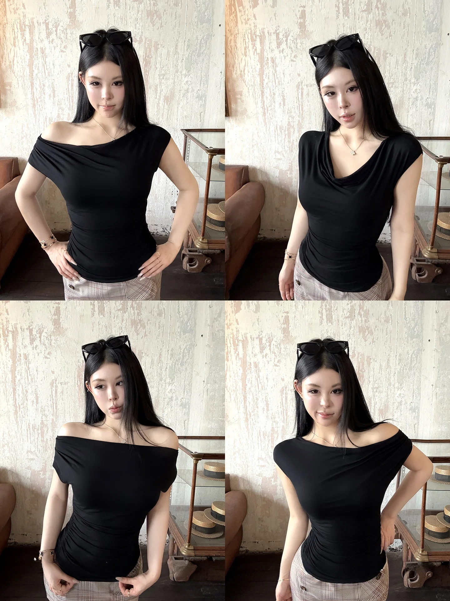 

Blackzaixian Seven Korean Model God T-Shirt Women's Slimming Top Drawstring Waist Short Sleeve Casual Style Universal Fit