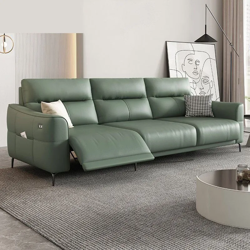 Modern simple zero-wall electric function leather sofa, first-layer cowhide straight row three-person adjustable first-class