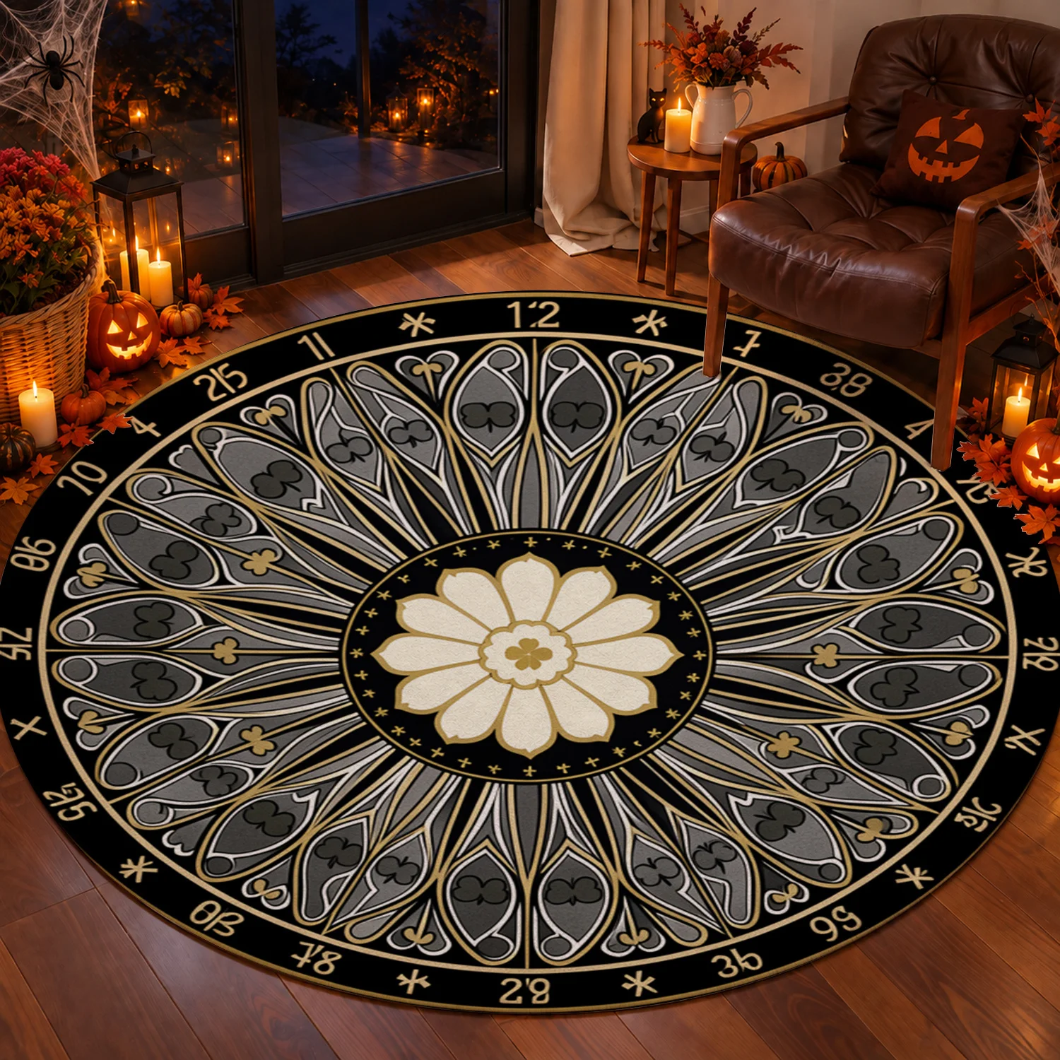 Stained Glass Floral Mandala Circular Decorative Area Rug Velvet Machine Washable Stays Firmly In Place For Living Room Bedroom Dining Area Entryway Perfect For Halloween Thanksgiving Black Friday Christmas New Year Home Accent