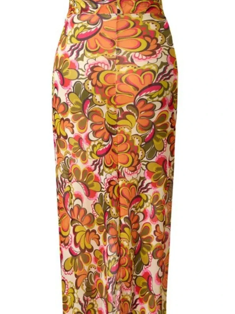 2025 Traje de baño con estampado de girasol para mujer, traje de baño de una pieza sin tirantes, mono con falda larga transparente con cordones, ropa de playa de verano