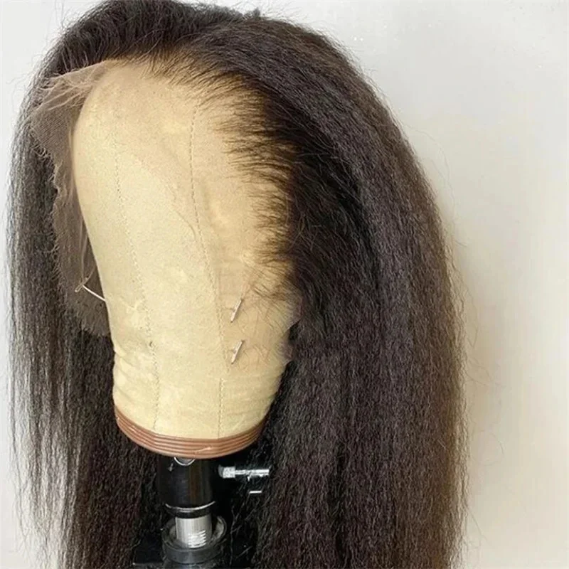 Yaki-Peluca de encaje frontal para mujer, postizo de 26 pulgadas, suave y largo, resistente al calor, color negro, predesplumada, para uso diario, 180de densidad