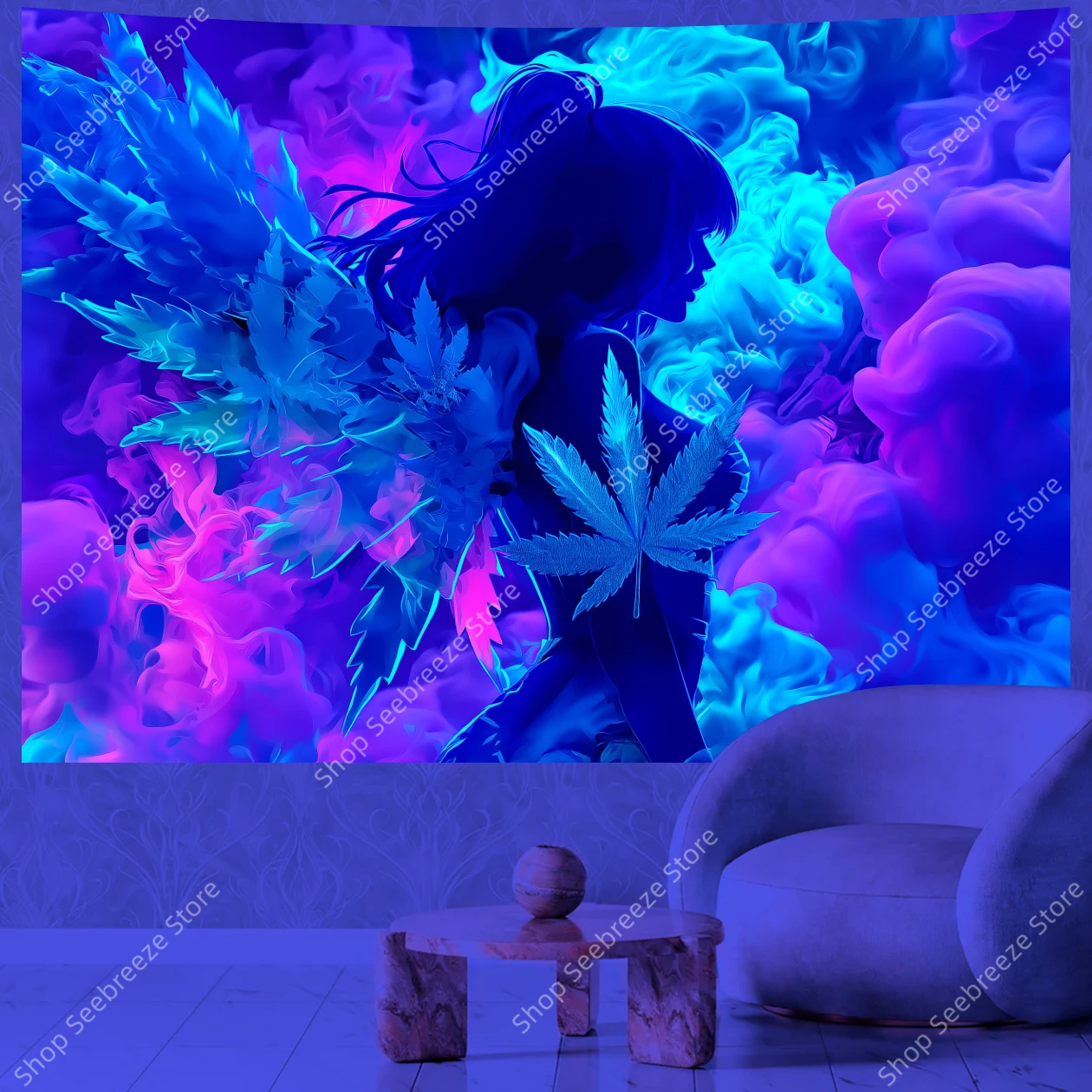 Vibrant Female Silhouette UV Tapestry with Flowing Hair and Large Cannabis Leaf Bohemian Wall Hanging for Trippy Room Decor