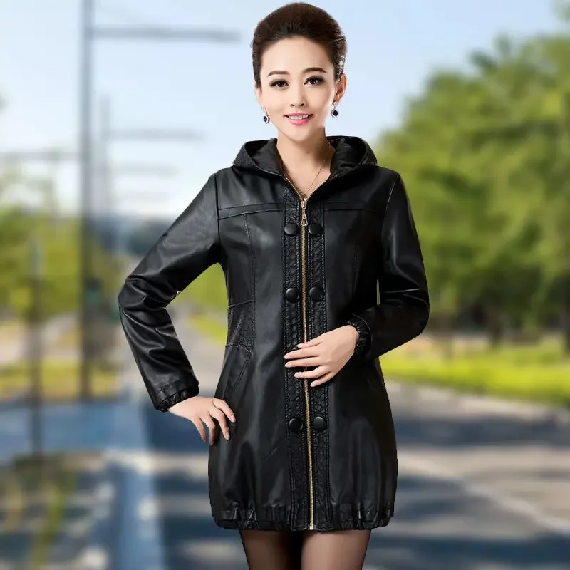 Black PU leather Jacket Women's 2024 Spring Autumn New Slim Hooded Leather Windbreaker Coat Thicken Cotton Long Parkas Overcoat