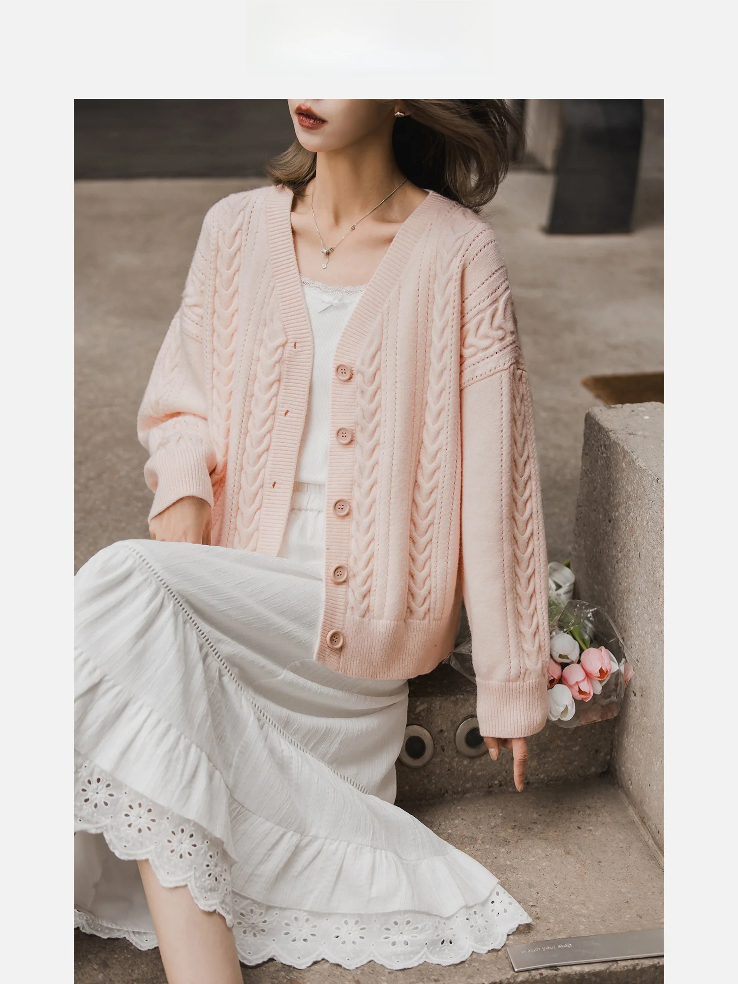 

Pink ort V-Ne Knitted Sweater Women's Spring New Sle Loose Fit Long Sve Cardigan Simple Sle Pure E-commerce Ss