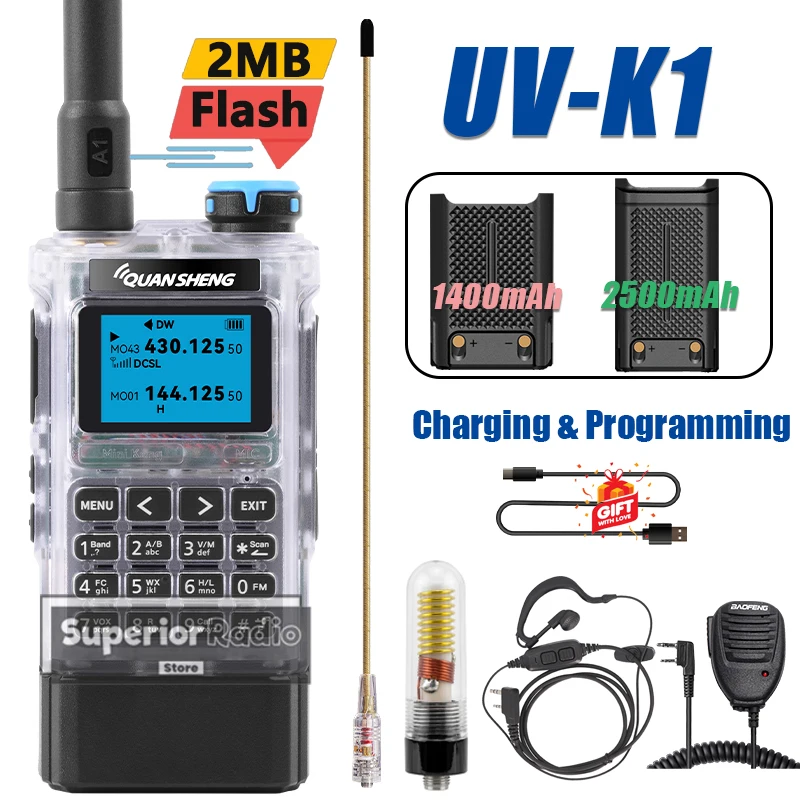 

Quansheng UV-K1 Walkie Talkie Transparent Mini Kong 2MB Memory 1400/2500mAh 50-600mhz USB-C Programming NOAA Ham Two Way Radio