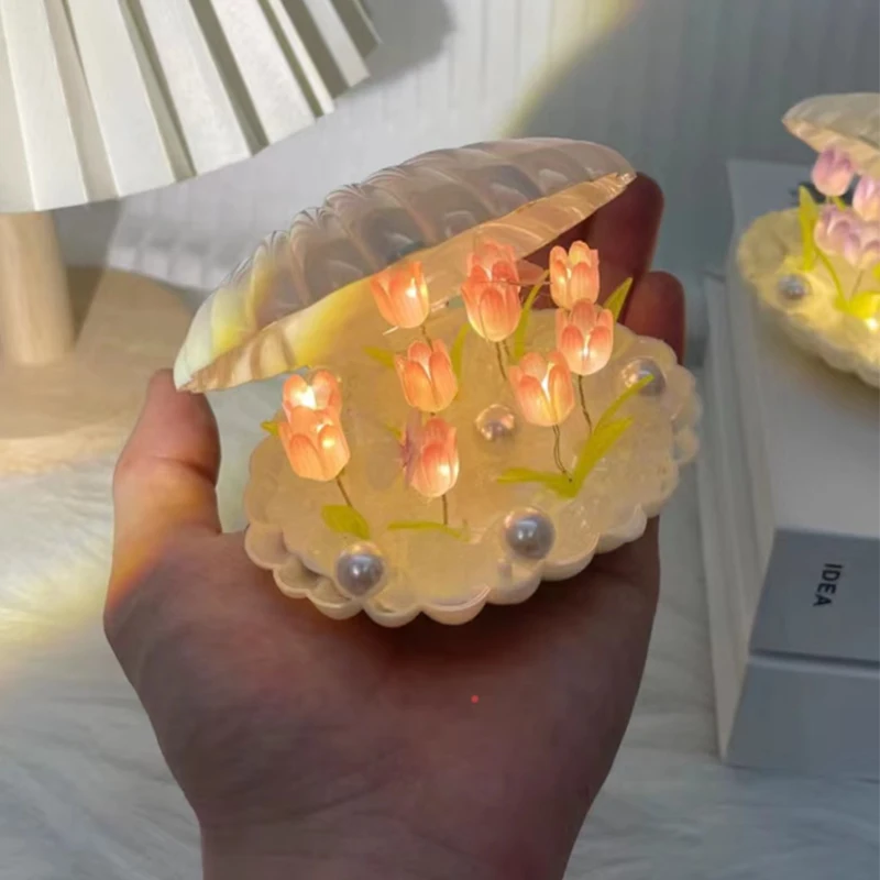 Shell TULIP Night โคมไฟทําด้วยมือ DIY Home Decor ห้องนอนบรรยากาศสาวของขวัญวันเกิดวันวาเลนไทน์