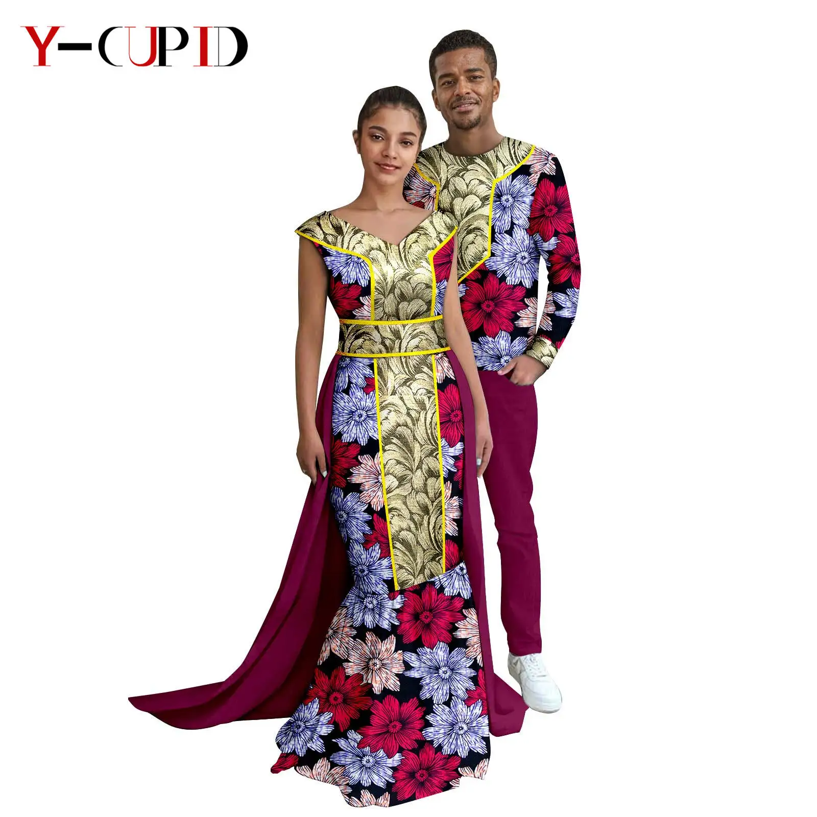 African Print Long Mermaid Tail Dresses for Women Matching Couple Clothes Dashiki Men Suits Top and Pant Sets Party Wear 25C006