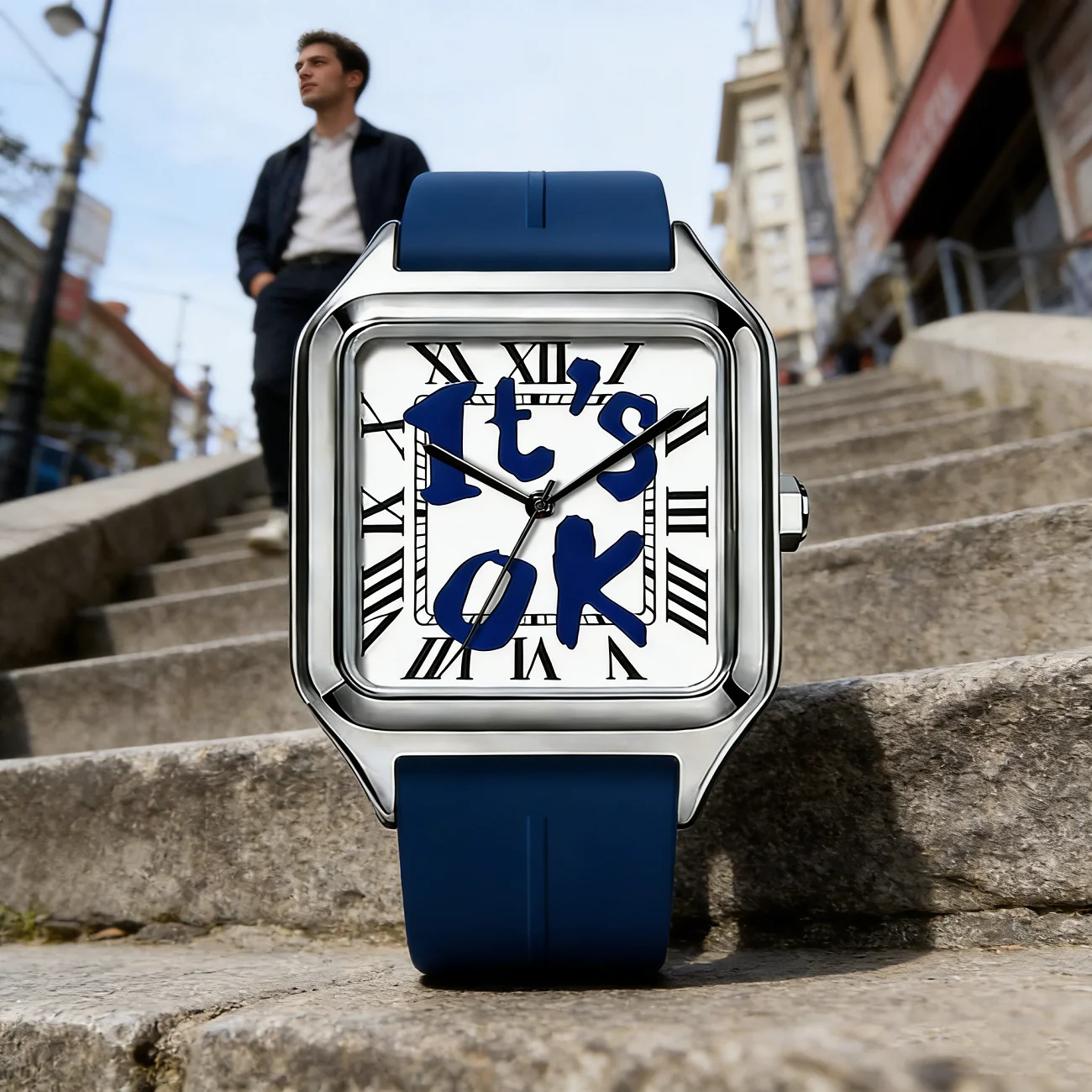 

It's ok Men's Quartz Watch Stainless Steel Alloy Square Dial Silicone Strap Waterproof Light Luxury Business Wristwatch