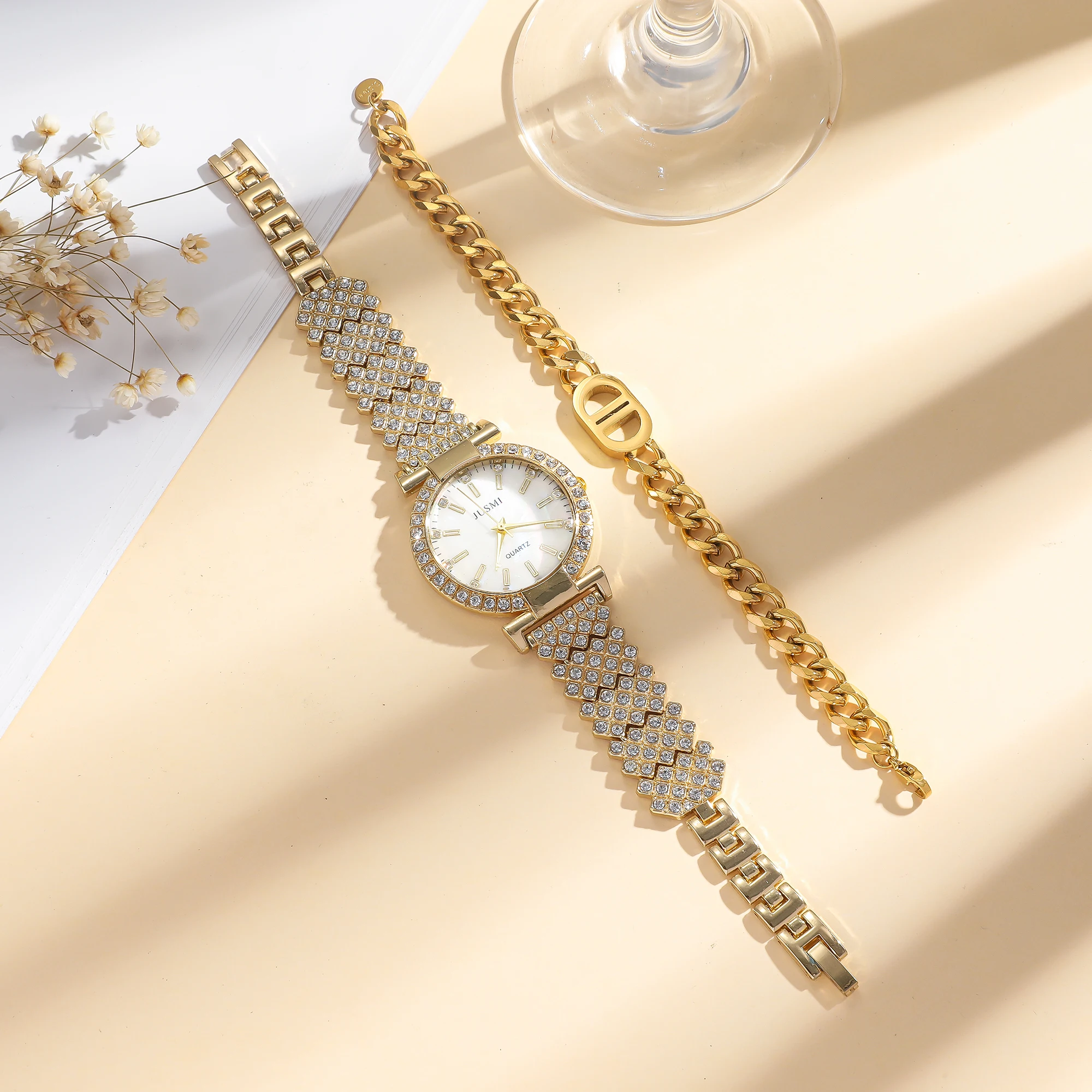 قطعتان/مجموعة ساعات كوارتز بسيطة مستديرة مرصعة بالألماس للسيدات أطقم مجوهرات بسيطة مناسبة لهدايا العطلات