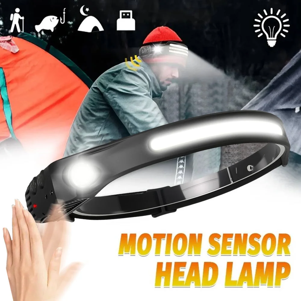 

Светодиодный индукционный налобный фонарь COB, перезаряжаемый через USB светильник со встроенной батареей, портативная водонепроницаемая лампа для наружного кемпинга, рыбалки