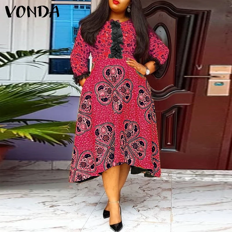 

VONDA плюс размер 5XL, элегантное кружевное лоскутное платье миди, богемное женское платье с принтом, винтажное платье с рукавами 3/4, повседневный свободный сарафан