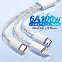 3In1 100W 6A Fast Charging Cable For iPhone Xiaomi Redmi POCO Oneplus OPPO Realme Micro USB Type-C Phone Charger USB Data Cable