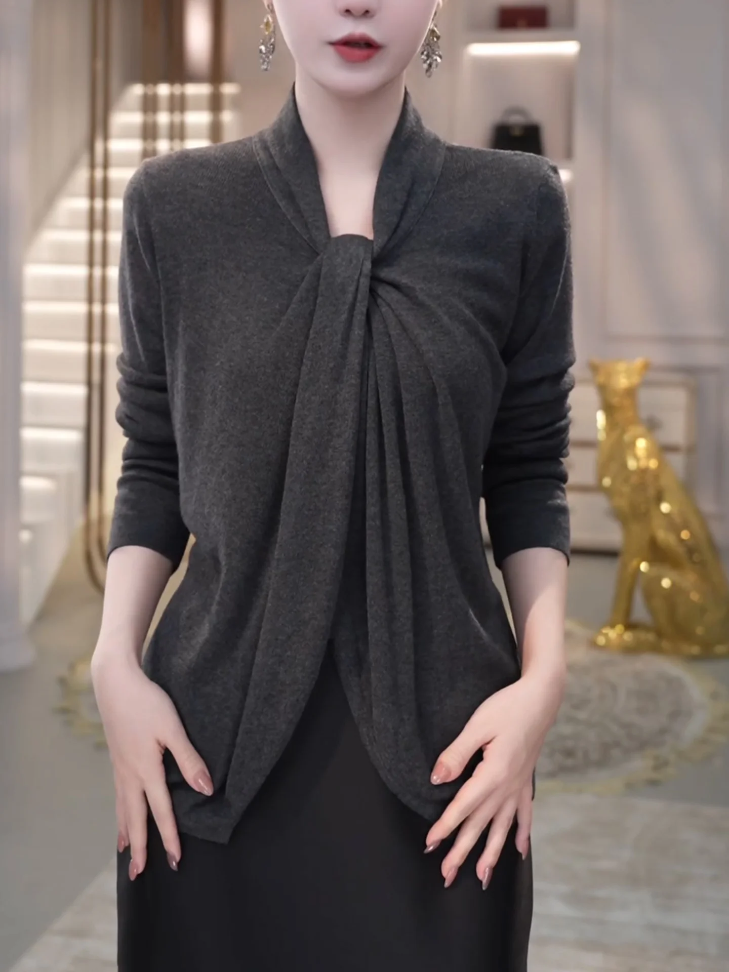 

Ele ey Knit Sweater V-Ne Inner Wear Large Size Autumn Winter New Sle Faionable French Sle Women's Premium Sweater