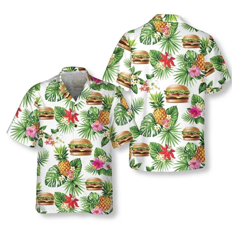 Food Hamburger Graphic Shirts For Men Clothes Casual Hawaiian Burger Beach Shirt Aloha Hip Hop Short Sleeve Vacation Blouses Top