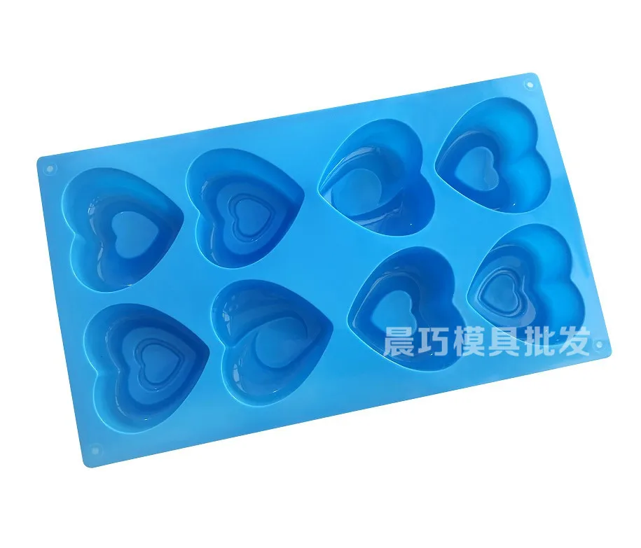 Silicone Cake Mold Handmade Soap Abrasive Tool Eight-Piece 8-Hole Heart Center Love Mould Double Heart-Shaped 449