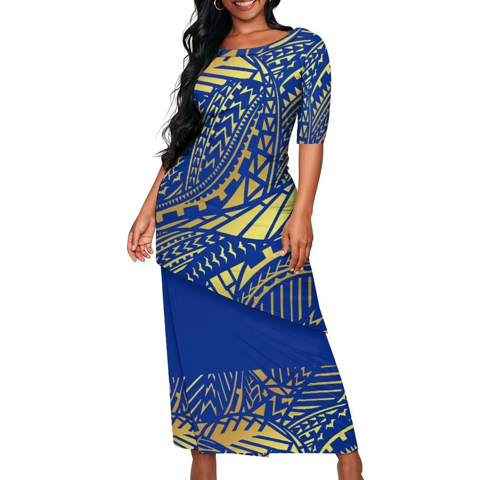 Vestido de noite apertado de alta qualidade para mulheres polinesias – Saia personalizada Puletasi com bainha inclinada e design de camada dupla