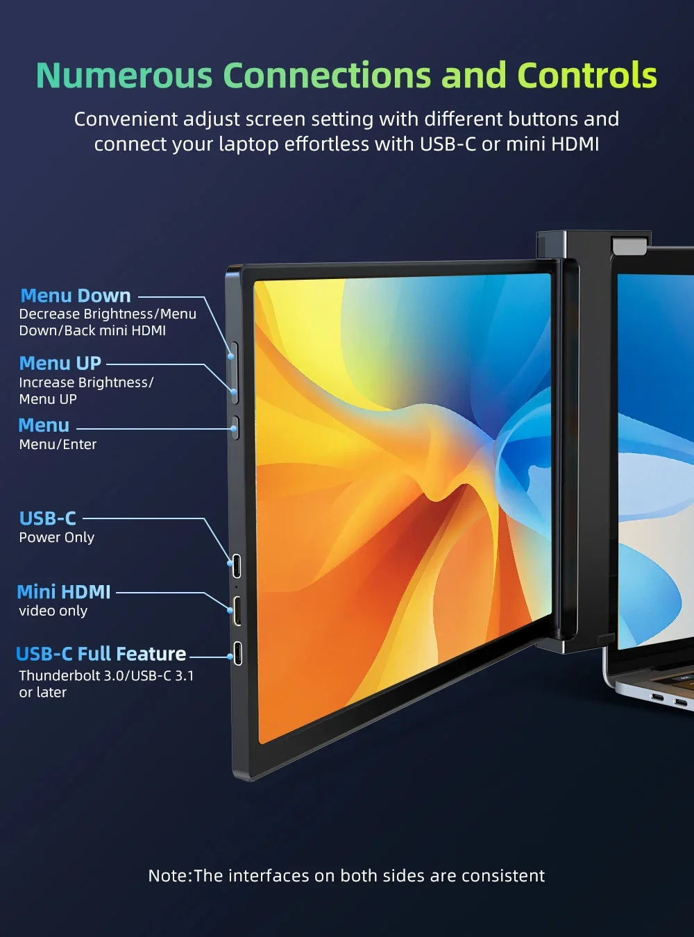 Imagem -02 - Monitor Portátil de Tela Dupla Cdisplay Tela Externa Esquerda e Direita Tela 16:10 para pc Laptop Telefone Xbox Interruptor Ps4 14 2k 60hz