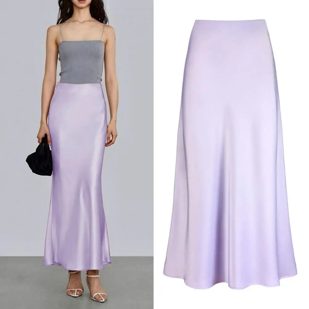 

Spring Summer Maxi Skirt Women High Waist Silky Texture Long Skirt Solid Color Smooth Satin Fishtail Long Skirt Party Clothes