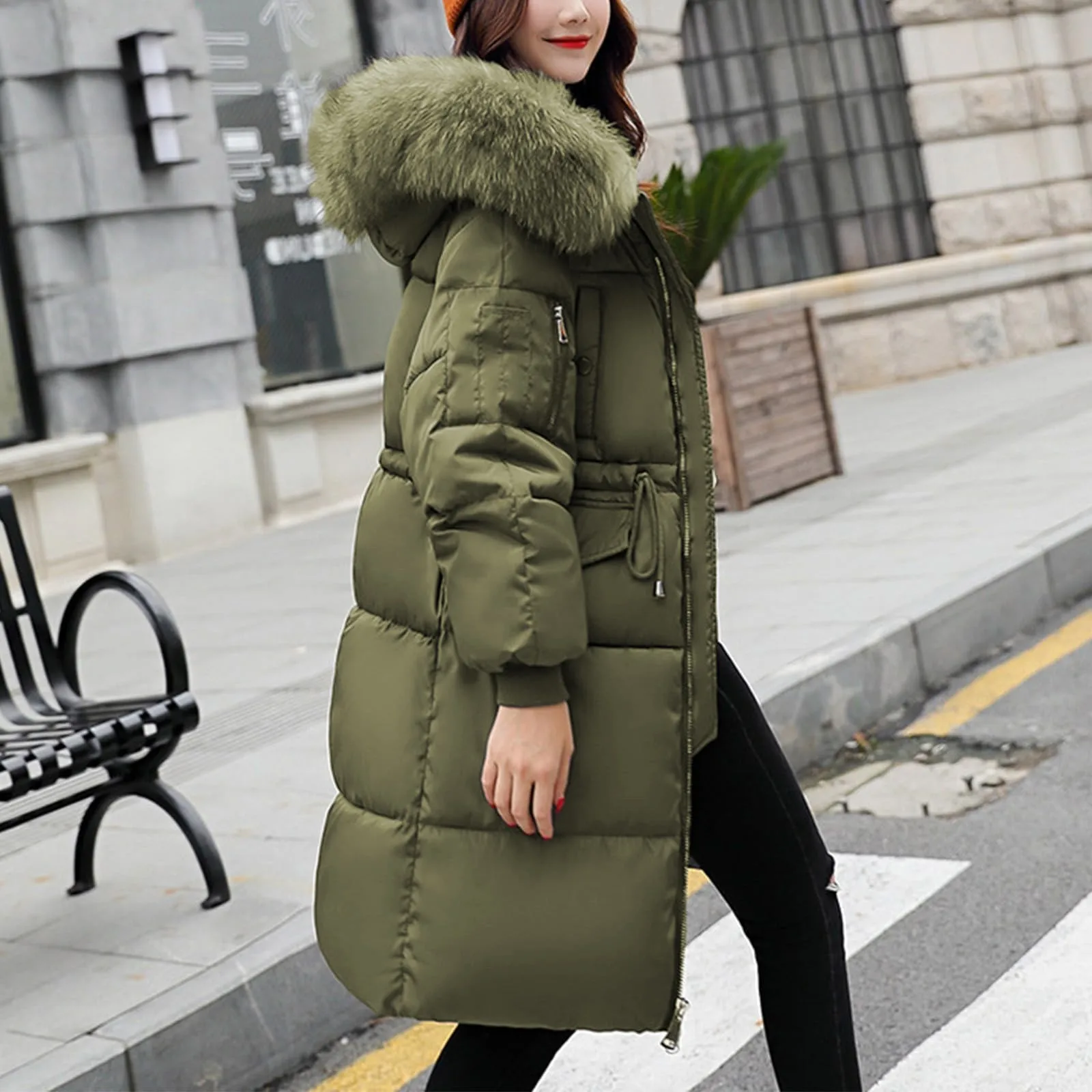 Lady Down Cotton Jacket Winter Mid Lenght Down Puffer Coats Plus Size Slim Trench Hooded Jackets Long Sleeve Warm Women Outwear