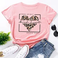 JFUNCY  Women's Tops Leopard Love Heart Print Tshirt Female Shirts Summer Casual Short Sleeve Basic Tee Cotton T-shirt