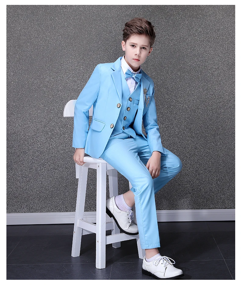 Children Sky Blue Photograph Suit Flower Boys Wedding Dress Kids Tuxedo Evening Party Wear Teenager Graduation Birthday Costume