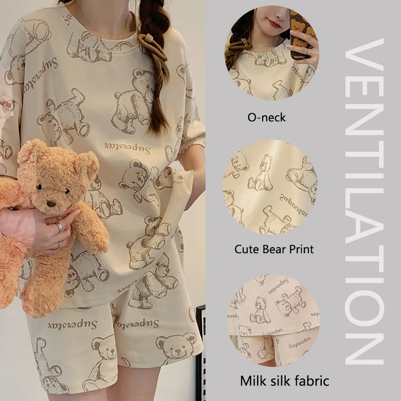 Pajamas Plus Size Female Short-Sleeved Short Sweet Wind Suit School Pajamas Cartoon Bear Short-Sleeved Outside Wear Homewear 5xl