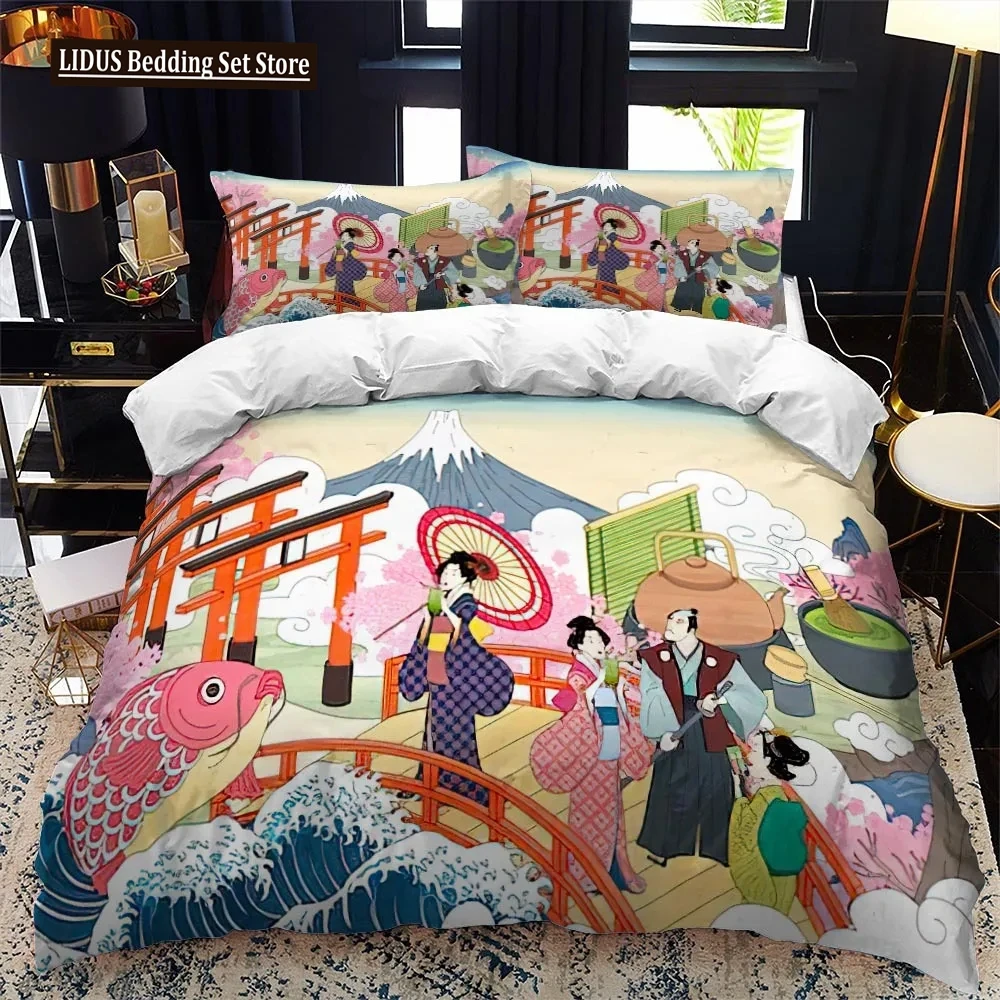 

Japanese-Style Duvet Cover Set King Queen Full Size Ukiyo-e Theme Wave Pattern Polyester Bedding Set Fuji Mountain Exotic Style