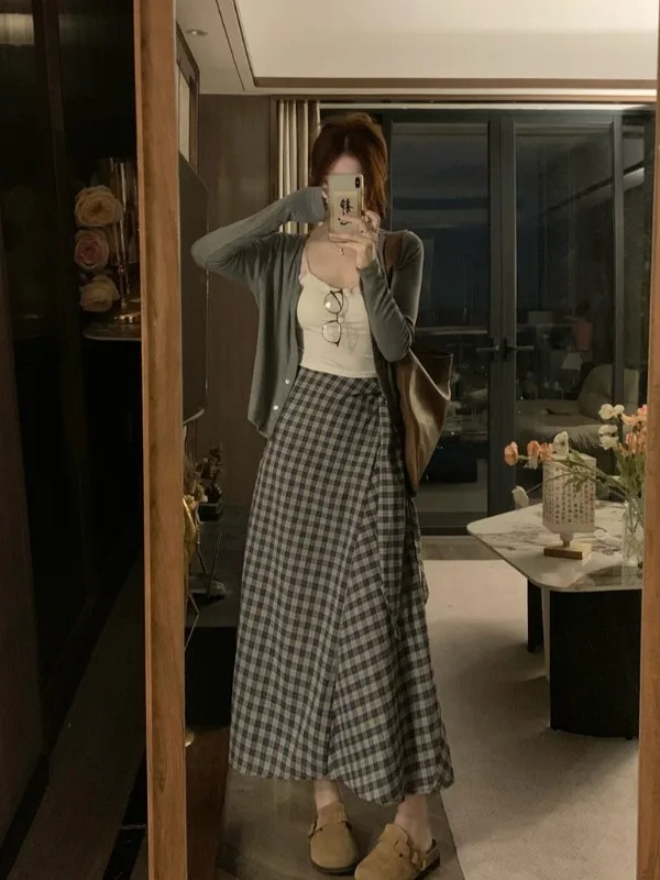 

plus Size Women's Lazy Sle Casual Tank Top Open Cardigan High Waist Plaid Skirt Faion Autumn New Arrival Korean Version