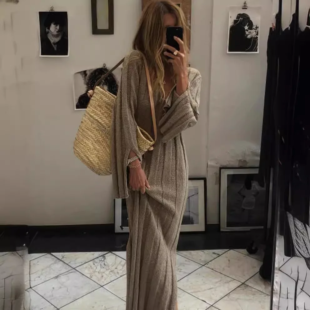2025 Women New Long-sleeved V-neck Loose Long Solid Color Dress For Women's Fashionable Knitted Office Commuting Versatile Dress