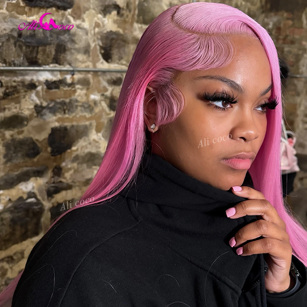 613 Colored Strawberry Pink Swiss Transparent Invisible Lace Real Human Hair Front Wigs 180 Density Straight 32 Inch Pre Plucked