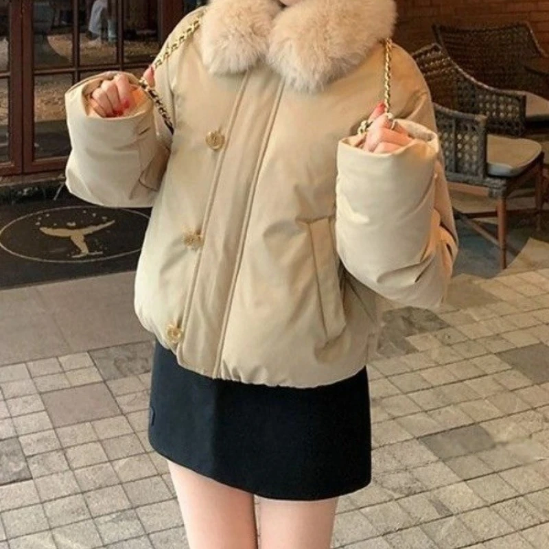 

Милая, свежая, теплая и утягивающая короткая пуховая хлопковая куртка с меховым воротником и хлебная куртка на зиму 2025 года.