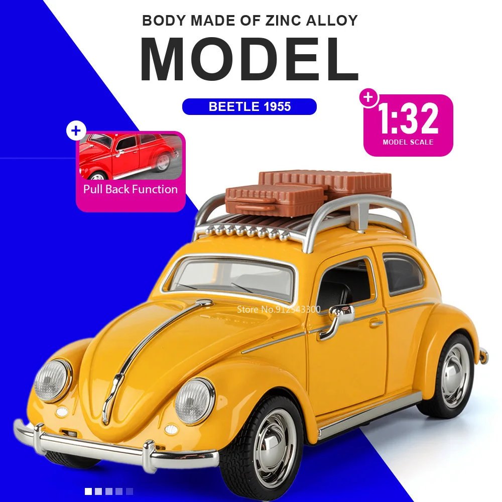 

1:32 Scale Bettle 1955 Car Model Toy Sound Light Doors Opened Miniature Models Pull Back Alloy Diecast Vehicle Hobby Collections