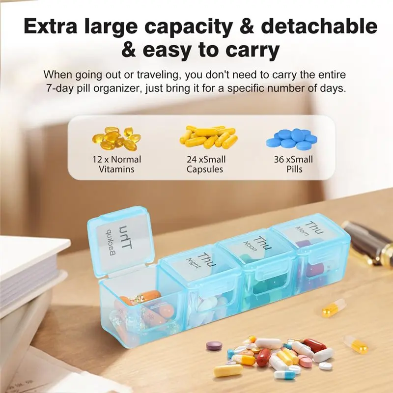 Pill Organizer 7-Day Large Capacity, 4 Daily Doses, 28 Compartments, Moisture-Proof, Compartment Sealed Pill Box