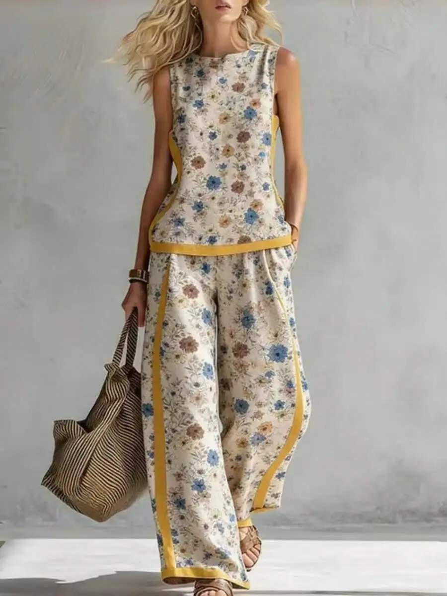 

Womens Floral Print Spliced Tank Top And Wide Leg Pants Two-Piece Set