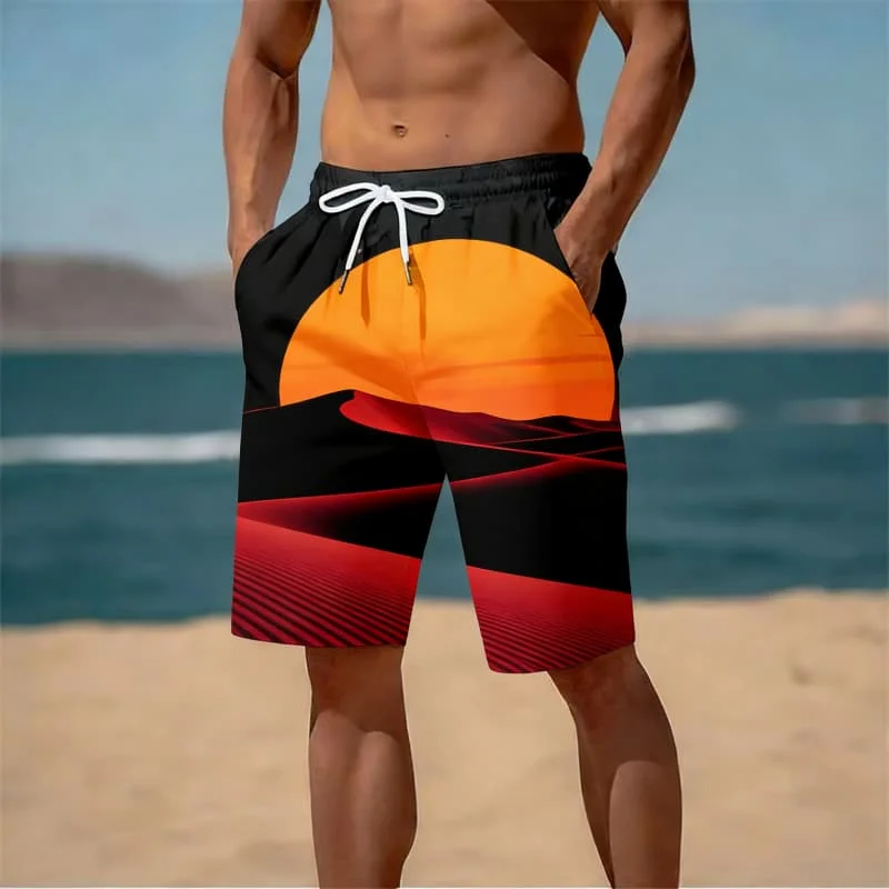 

Men's Artistic Elegant Dreamy Soft Chic Silhouette Sunset Print Casual Shorts For Summer Beach Vacation Daily Wear