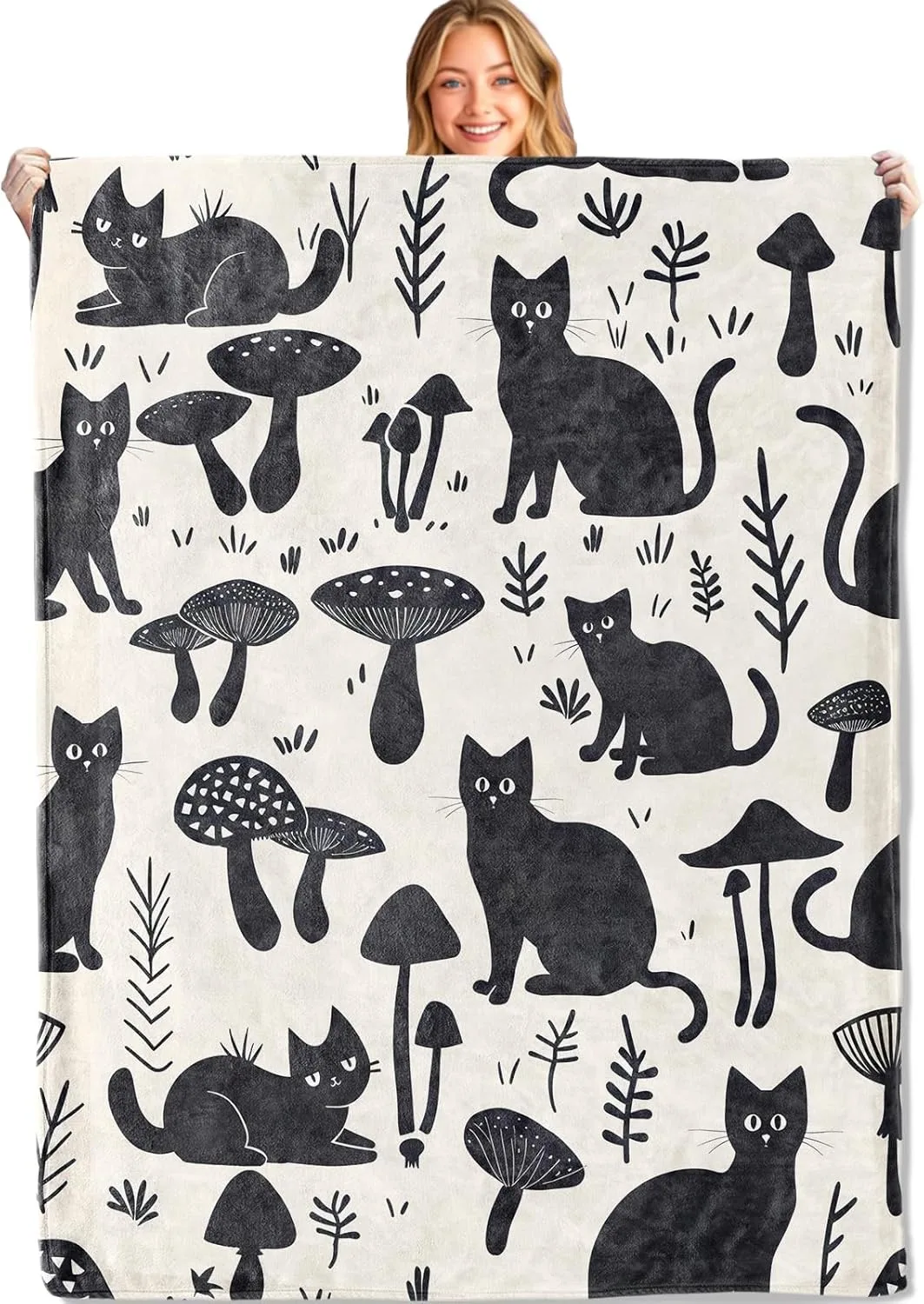 1 STÜCK Schwarze Katzen Pilzmuster Überwurf Dünne Decke Geschenke für Couch Bett Auto Zuhause Camping Pop Arts Pilzliebhaber Ganzjahresgebrauch