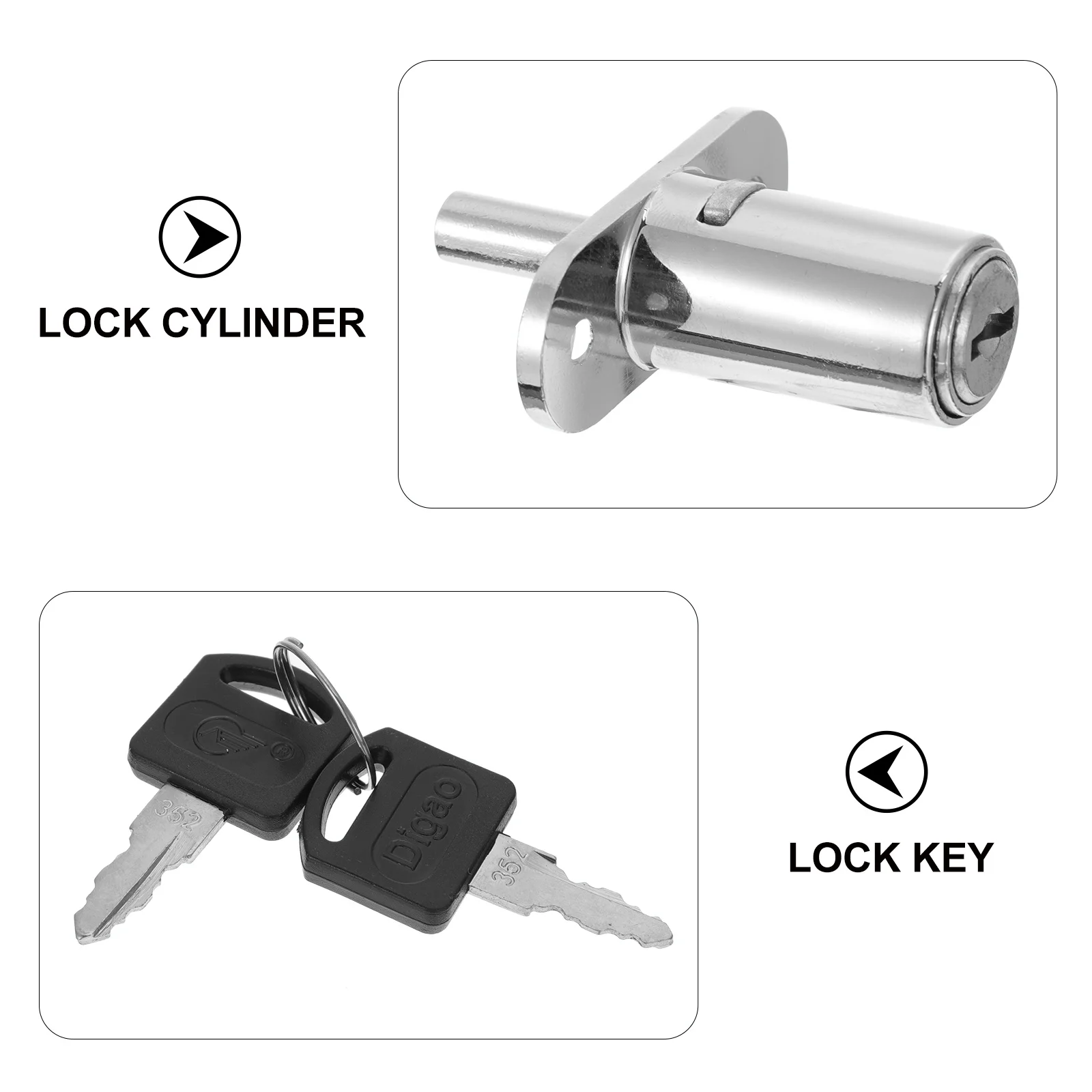 2 buah kunci kabinet dengan kunci berbeda, kunci dorong untuk laci lemari furnitur, kunci kabinet geser.