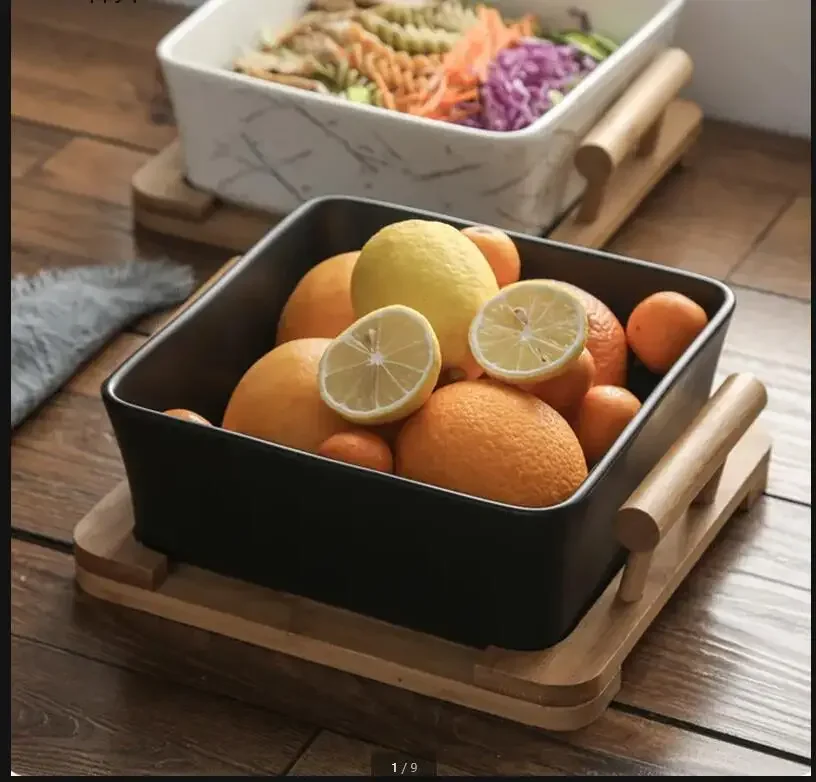 

Square Ceramic Salad Bowl Wooden Base Fruit Tray Dinner Plate Noodle Bowls Decorative Plate Mixing Bowl Dessert Plates Dishes