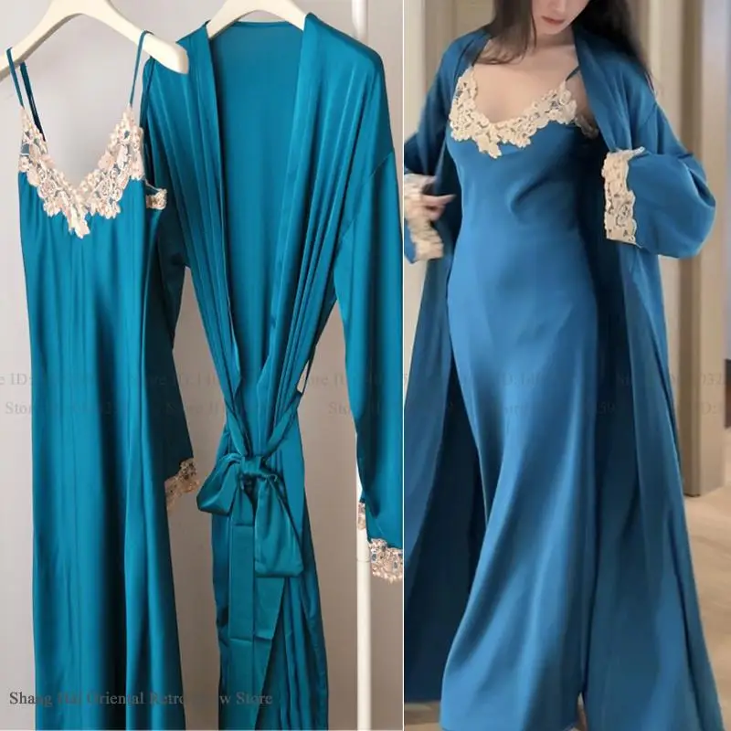 

Elegant French Style Long Robe Suspender Nightgown Set Sexy Lace Lingerie Nightdress Spring Summer New Rayon Sleepwear Home Wear