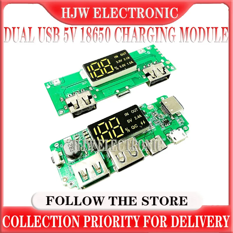 LED Dual USB 5V 2.4A Micro/Type-C USB Mobile Power Bank 18650 Charging Module Lithium Battery Charger Board Circuit Protection