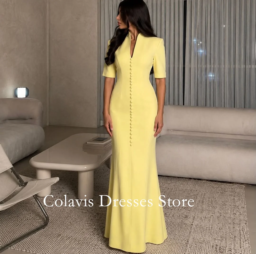 Bright Yellow Stand Collar Keyhole Mermaid Evening Gown Half Sleeve Front Decorative Button Bodycon Maxi Formal Wedding Guest