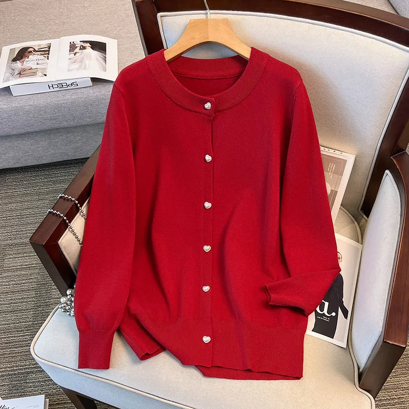 

170Kg Plus Size Women's Bust 160 Spring Autumn Winter Loose Cardigan Sweater Knitted Jacket Wine Red 4XL 5XL 6XL 7XL 8XL 9XL